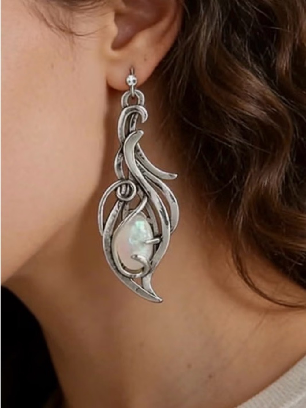 Sterling Silver Opal Drop Earrings - White Opal Accent
